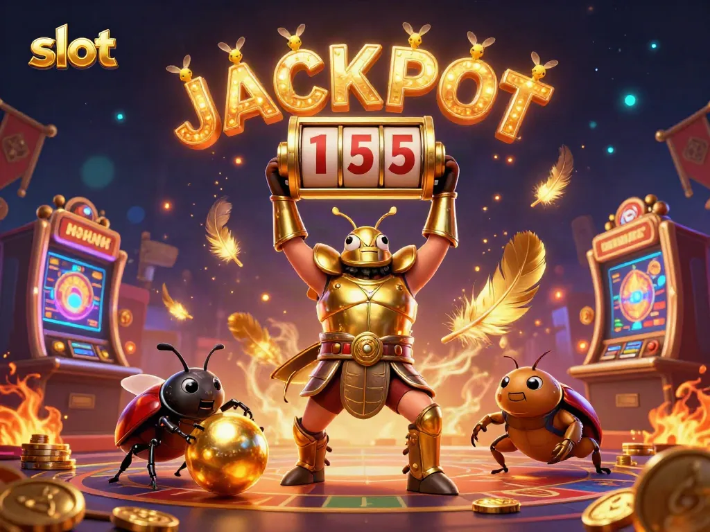 Slot jackpot menang di dalam ilustrasi kasino yang menampilkan karakter lucu.