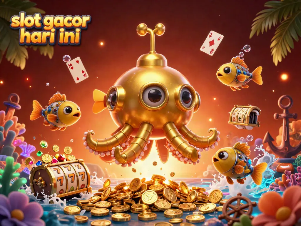Menggali slot gacor hari ini dengan tema kasino, menampilkan kraken emas dan ikan mekanik.