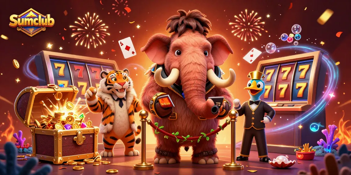 Experience the excitement at Sumclub, where a woolly mammoth bouncer checks IDs while golden jackpot symbols surround them.