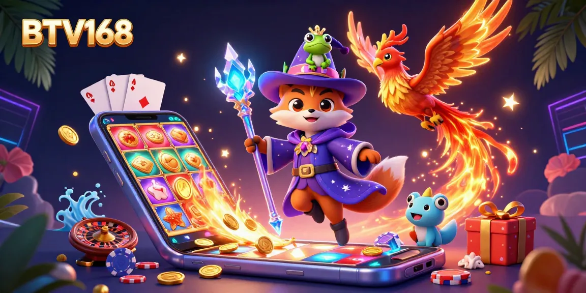 BTV168 offers an exciting 3D illustration showcasing a mystical wizard fox, phoenix, and enchanted frog amidst vibrant casino game elements.