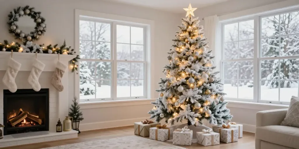 Stunning living room with a christmas tree with white decorations, glowing lights, and a cozy fireplace.