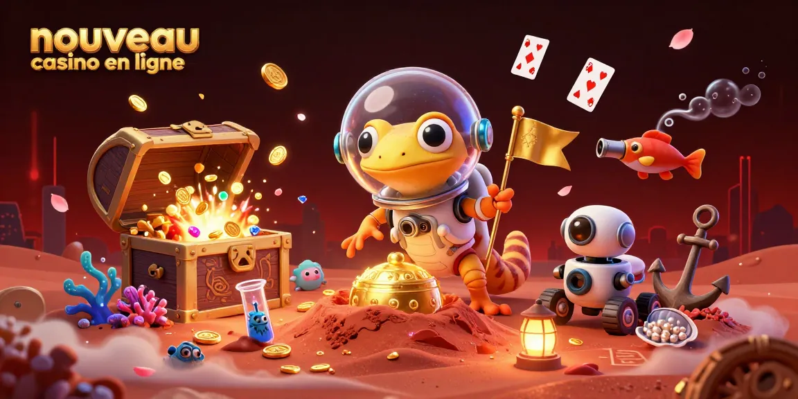 Illustration représentant un nouveau casino en ligne sur Mars, avec un gecko martien et des éléments de jeux.