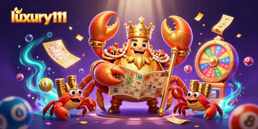 Experience luxury111 gaming with a vibrant lottery scene featuring a golden crab emperor and dynamic symbols.