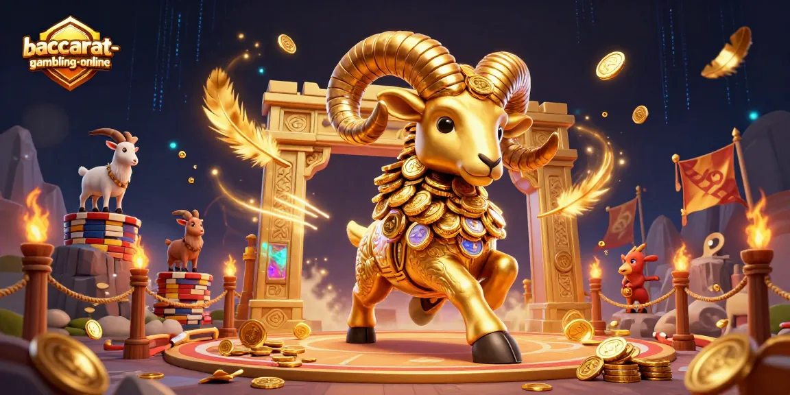 Baccarat-gambling-online illustration featuring a golden ram charging through an ornate gate, surrounded by casino elements.
