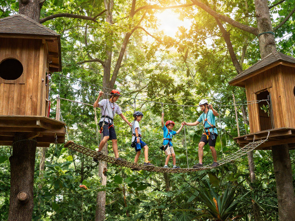 A family crossing a rope bridge among trees, showcasing outdoor adventure and family fun.