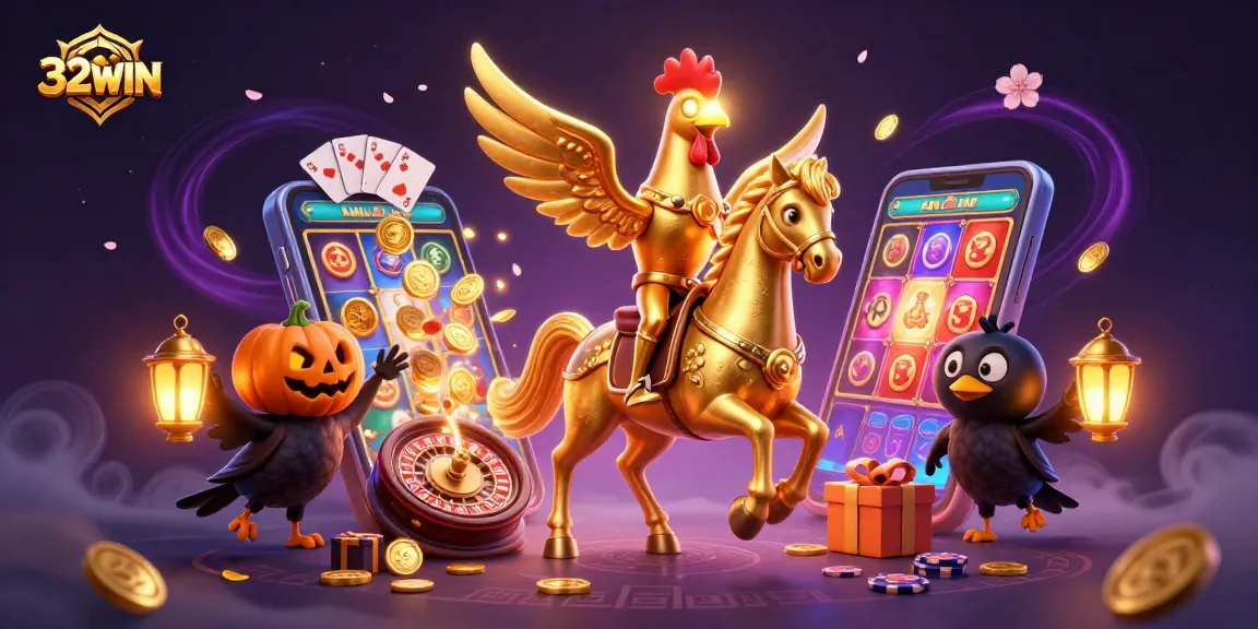 32WIN captures jackpot wins in a vibrant casino with a golden rooster and luminous gaming elements.