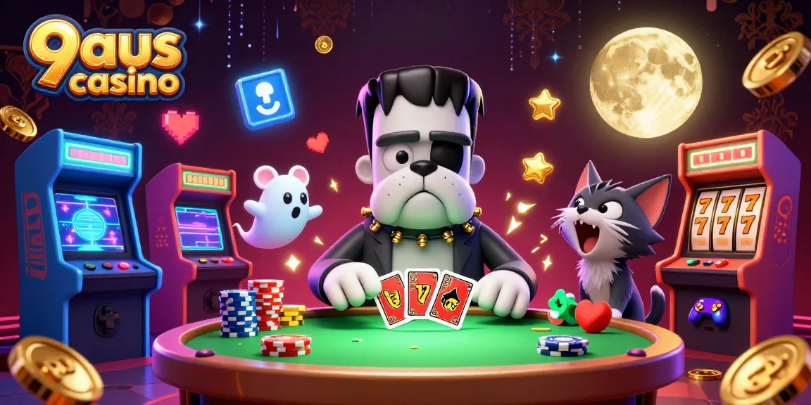 Step into the action at 9aus casino with Frankenstein bulldog dealer and spooky atmosphere.
