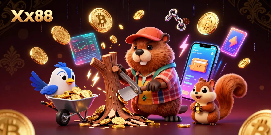 xx88 offers exciting gambling experiences with cartoon characters collecting coins and crypto elements in a vivid casino scene.