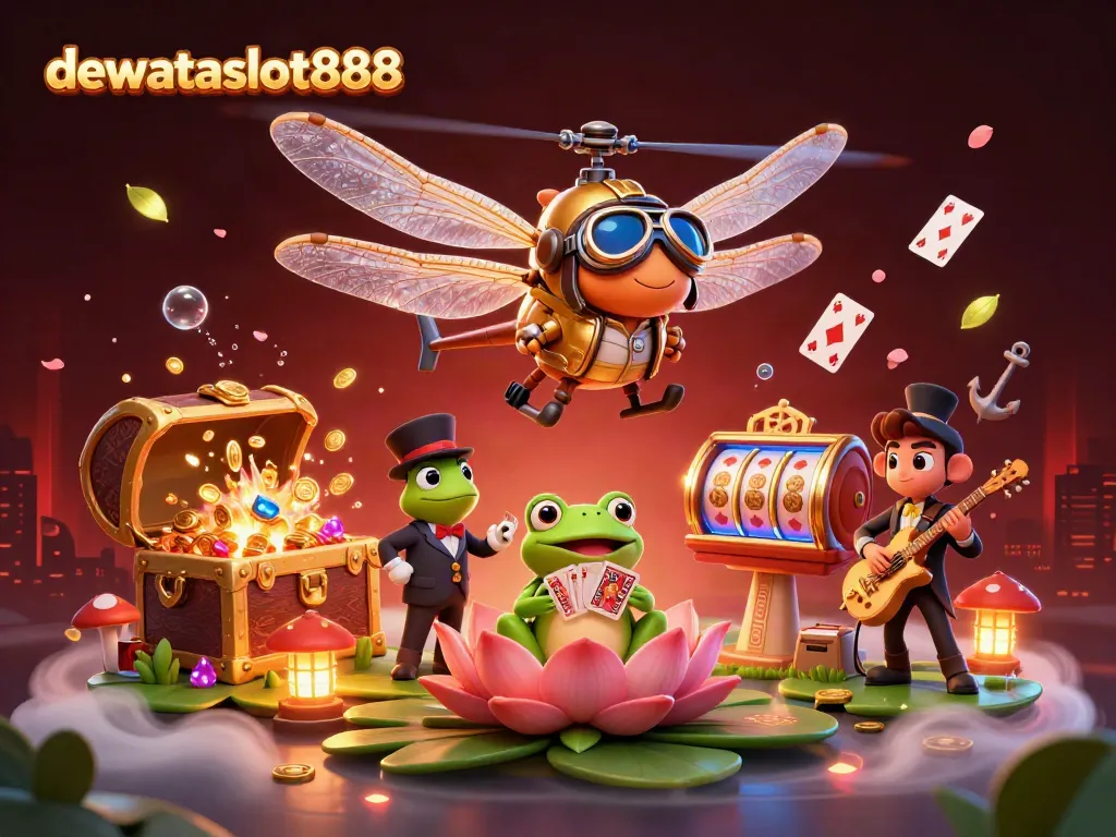 Menyambut pengalaman judi menarik di dewataslot888 dengan croupier katak yang membagikan kartu di kasino terinspirasi lily pad.