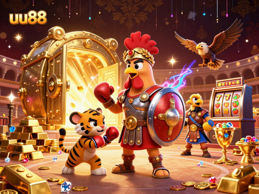 uu88 showcases excitement in a vibrant casino scene with engaging characters and dynamic gaming elements.