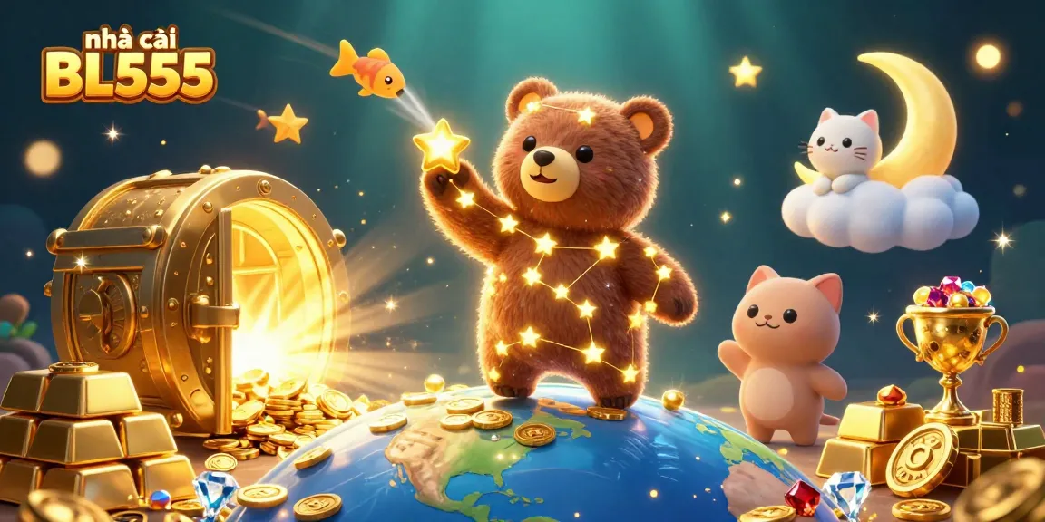 Experience winning at nhà cái BL555 with a vibrant 3D scene of cartoon characters diving into treasures.