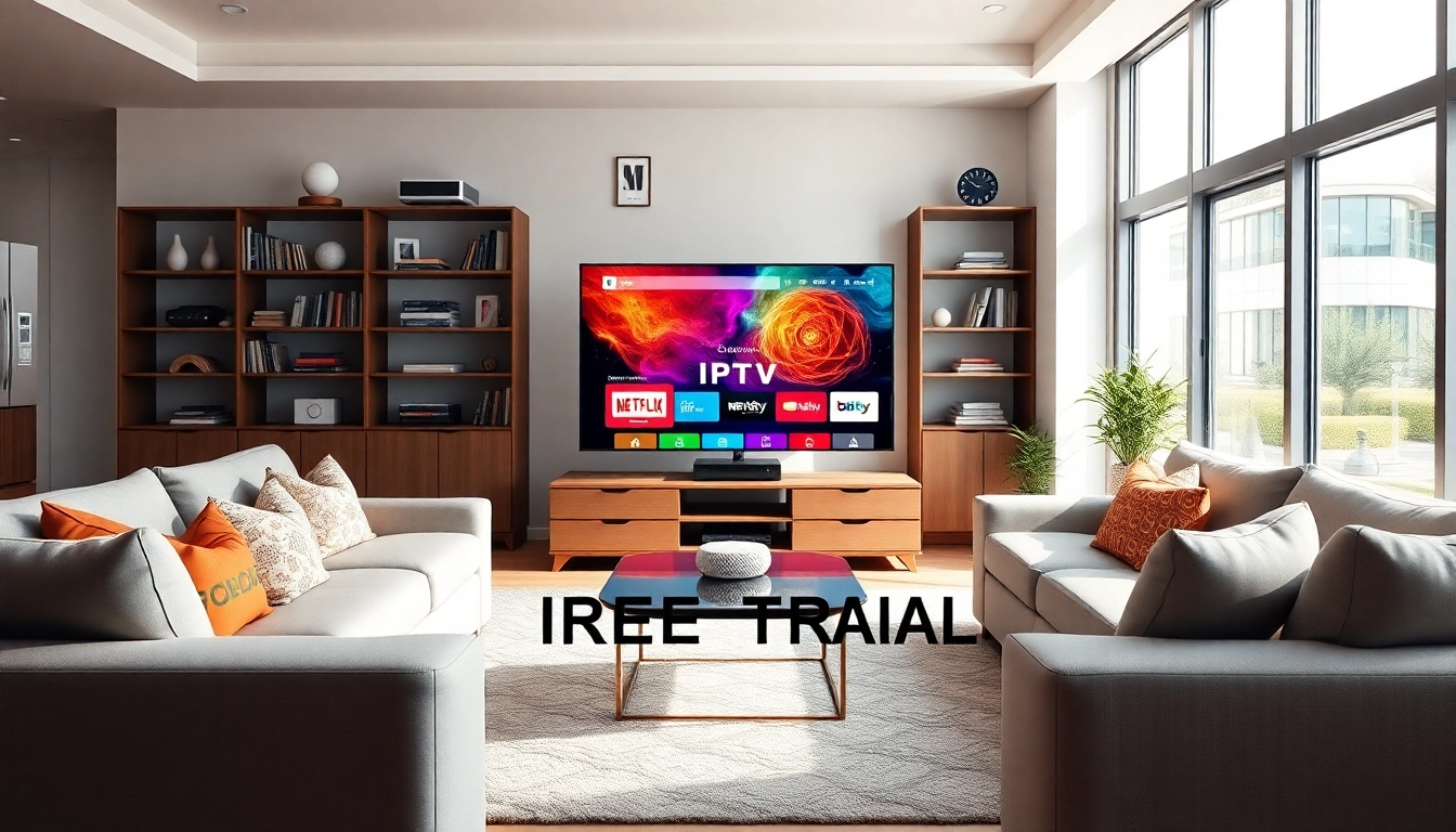 Experience IPTV free trial in a stylish living room with a modern smart TV displaying vibrant channels.