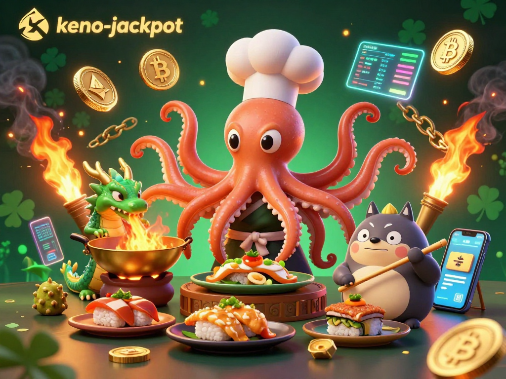 Experience keno-jackpot thrills with dynamic characters and cryptocurrency elements in a vibrant 3D scene.