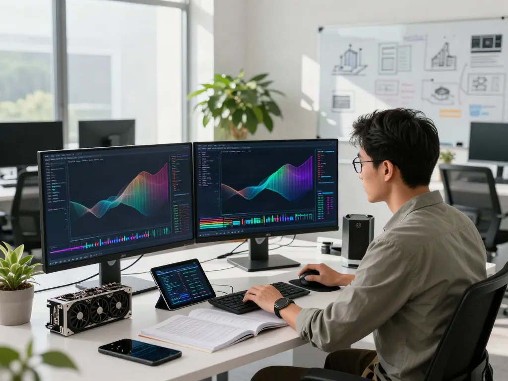 Focused professional analyzing GPU computing data on dual monitors in a modern office.
