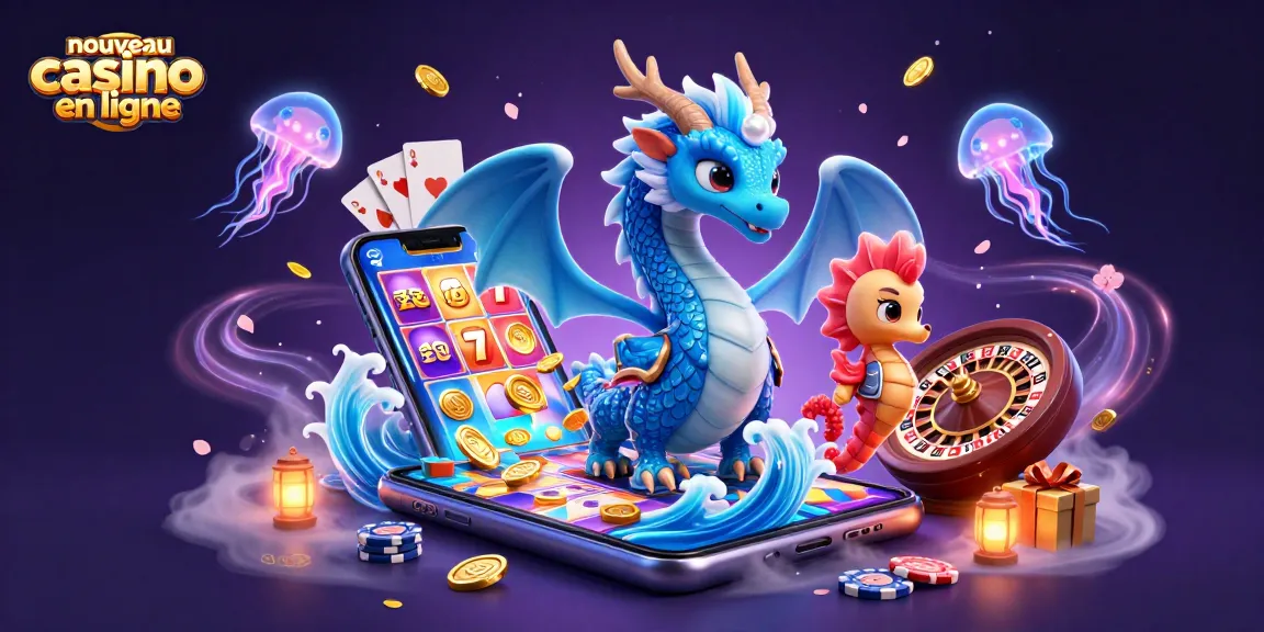 Visuel d'un nouveau casino en ligne avec un dragon aquatique fantastique entouré de jeux.