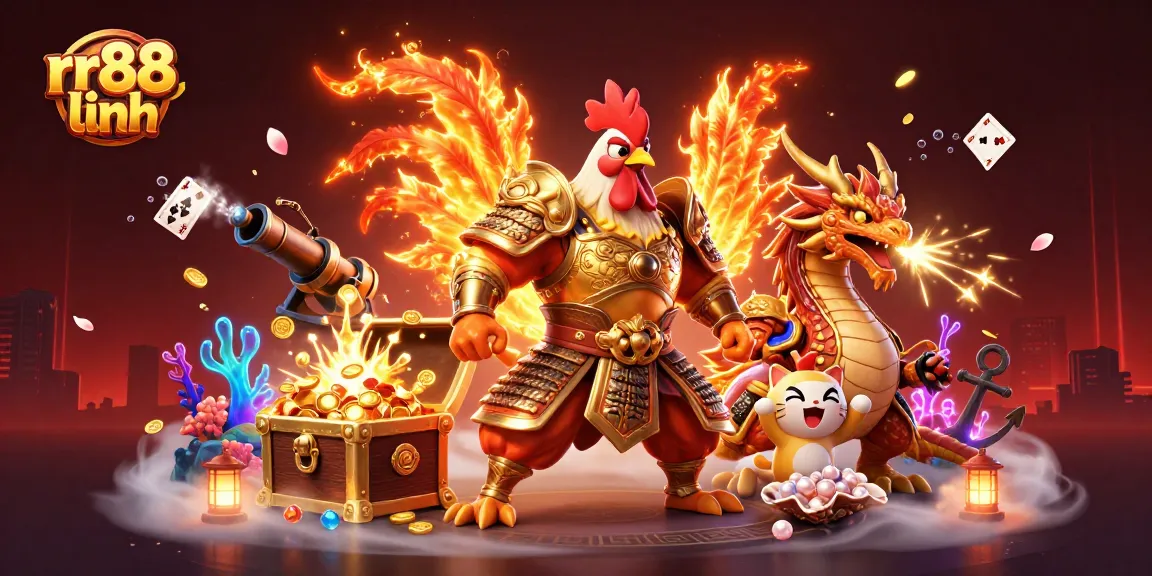 Engage with rr88 linh through a dynamic scene of a warrior rooster, dragon hatchling, and treasure.