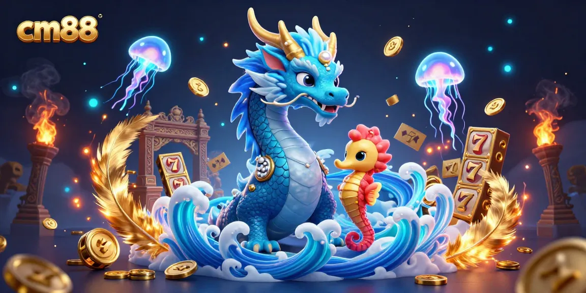 Engage with cm88’s vibrant 3D illustration of a casino scene featuring a dragon and neon jellyfish.