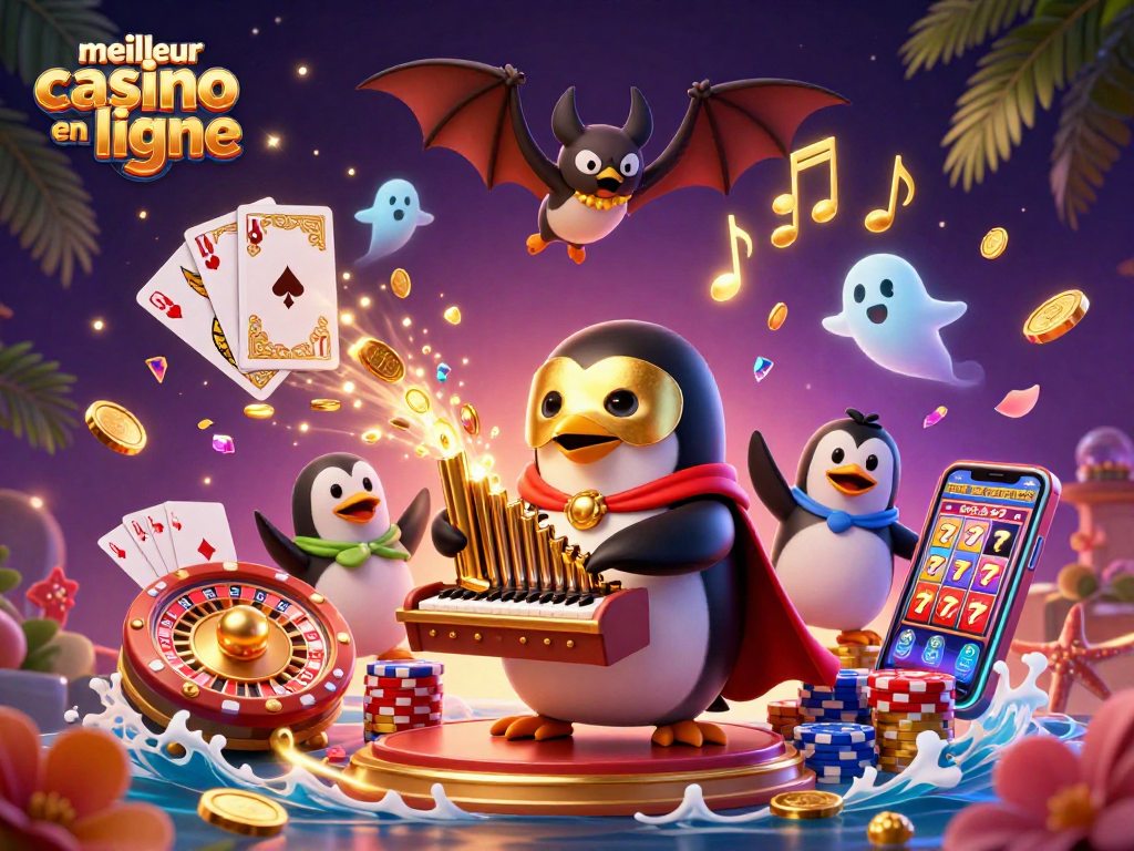 Expérimentez le meilleur casino en ligne avec un pingouin fantôme jouant de l'orgue et des pièces d'or volantes.