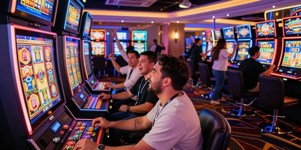 Players celebrating wins at a vibrant slot jackpot machine in a casino