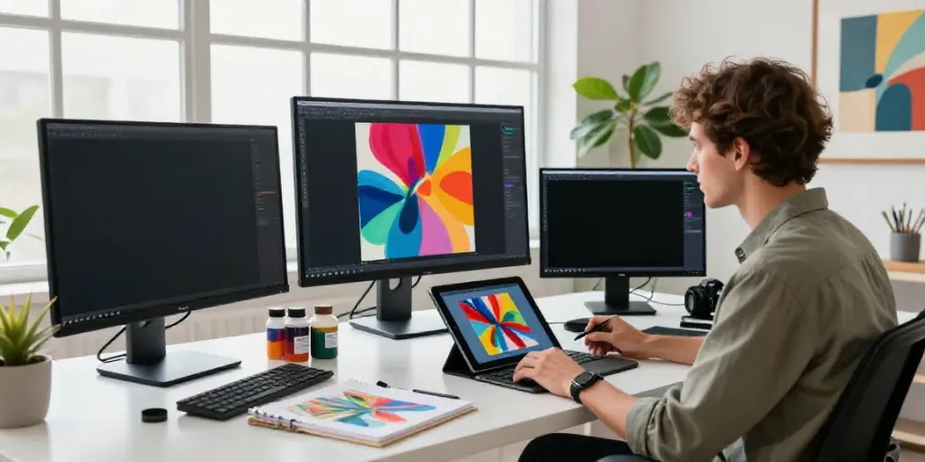 Create art effortlessly with our online AI abstract art generator in a vibrant creative studio.