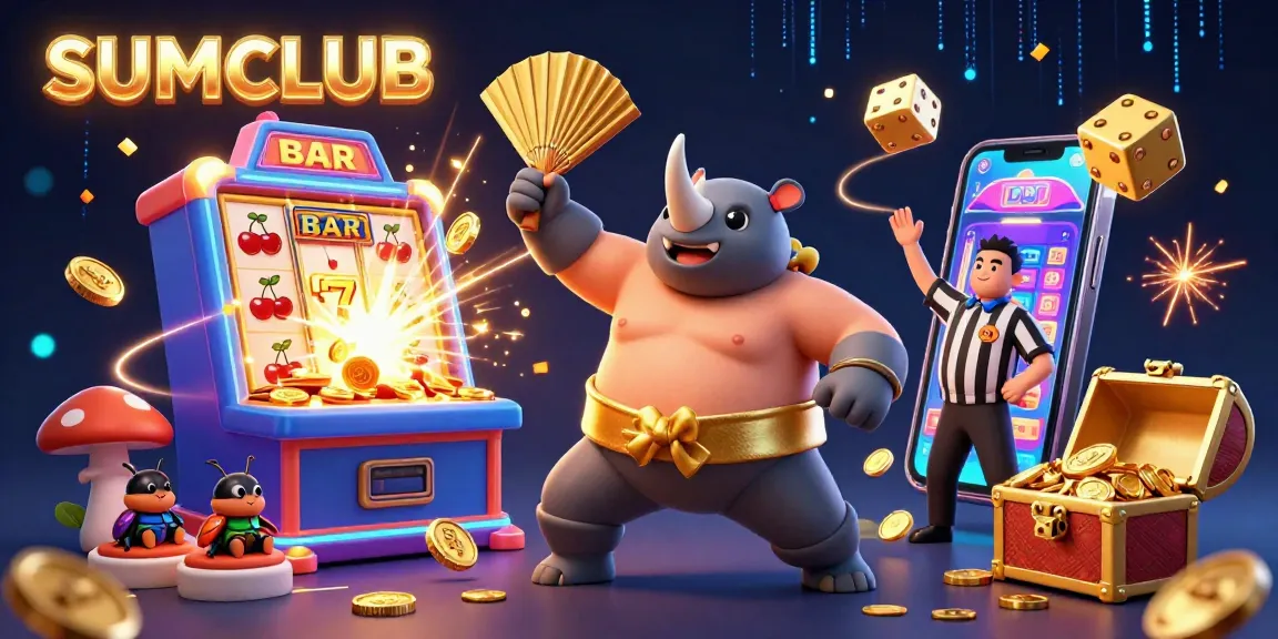 Experience the excitement of SUMCLUB with a dynamic 3D scene featuring thrilling jackpots and vibrant casino elements.