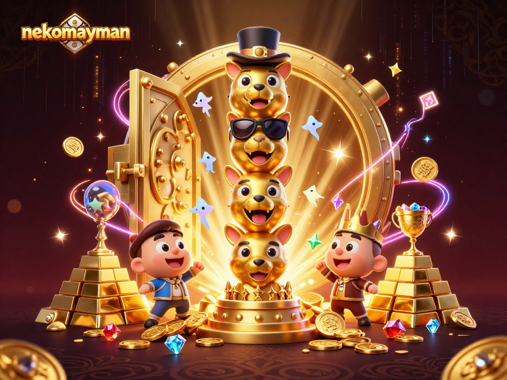 Experience jackpots with nekomayman as golden treasures burst forth in a dazzling casino scene.