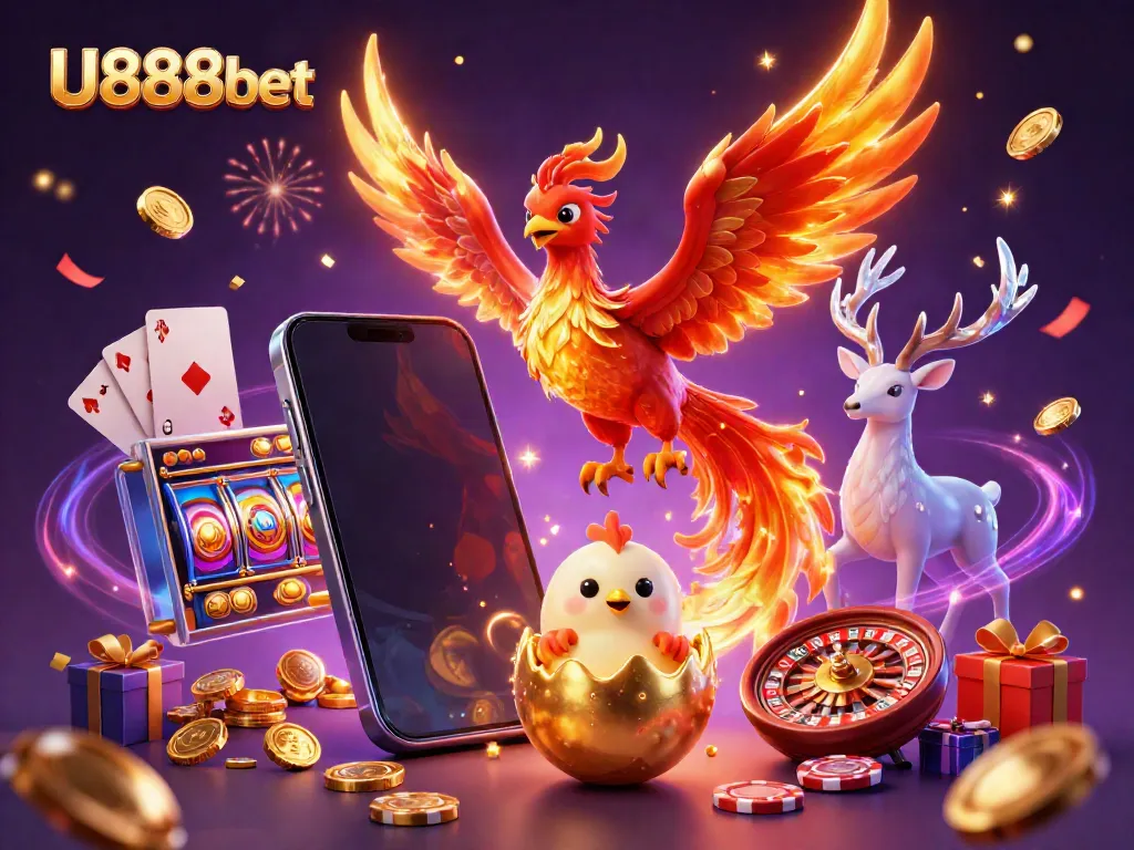 Experience the excitement of U888bet with fire phoenix and gaming elements in a vibrant casino illustration.