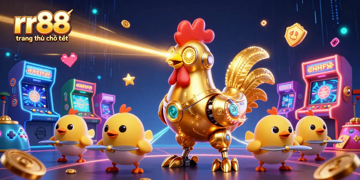 Experience the thrill of rr88 trang chủ chính thức with a golden rooster robot and playful chicks in a colorful casino scene
