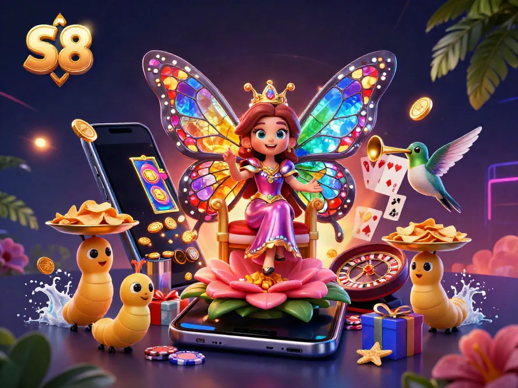 S8 offers vibrant slot games with spinning reels and golden coins erupting, capturing the excitement of online gaming.