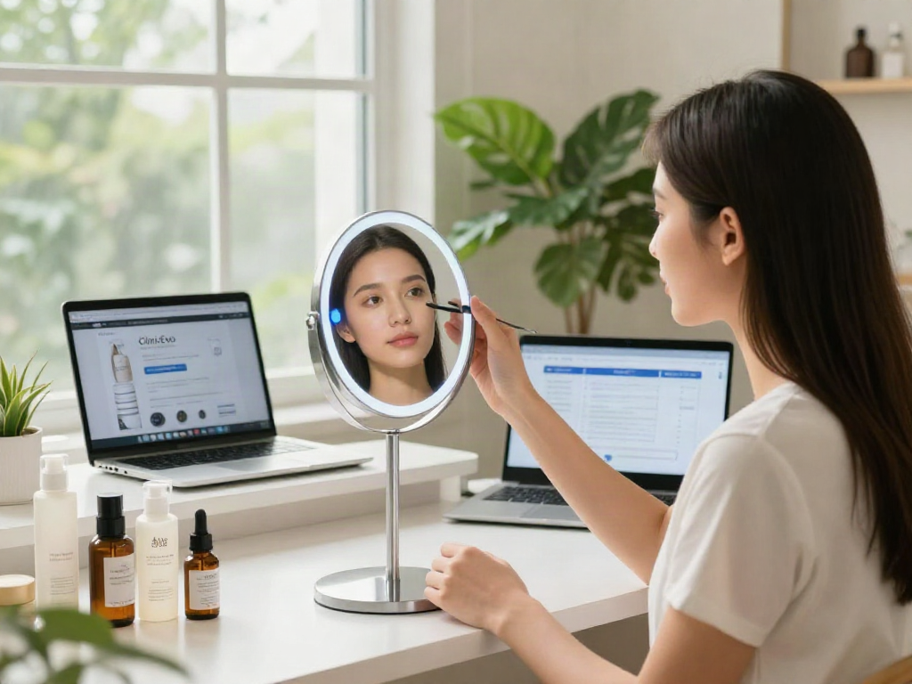ClinicEvo cheaper than QOVES featured in a skincare studio with a woman analyzing her features.