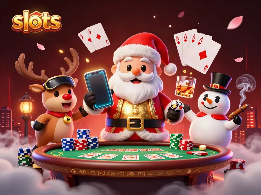 Santa Claus celebrating with a smartphone and jackpot slots in a vibrant casino scene