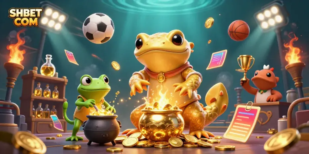 Experience the magic of SHBET COM with a golden salamander alchemist surrounded by sports elements and gold coins.