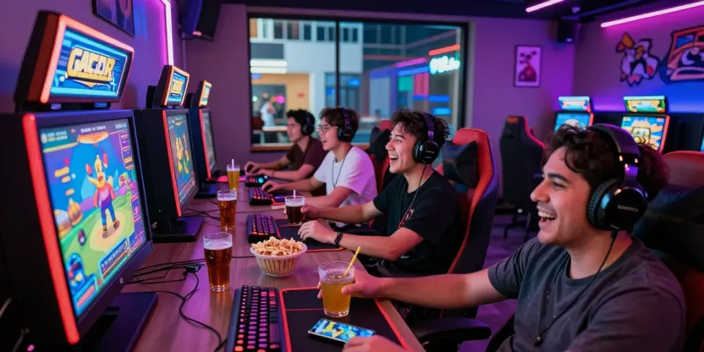 Excited friends enjoying a slot gacor gaming session in a vibrant lounge atmosphere