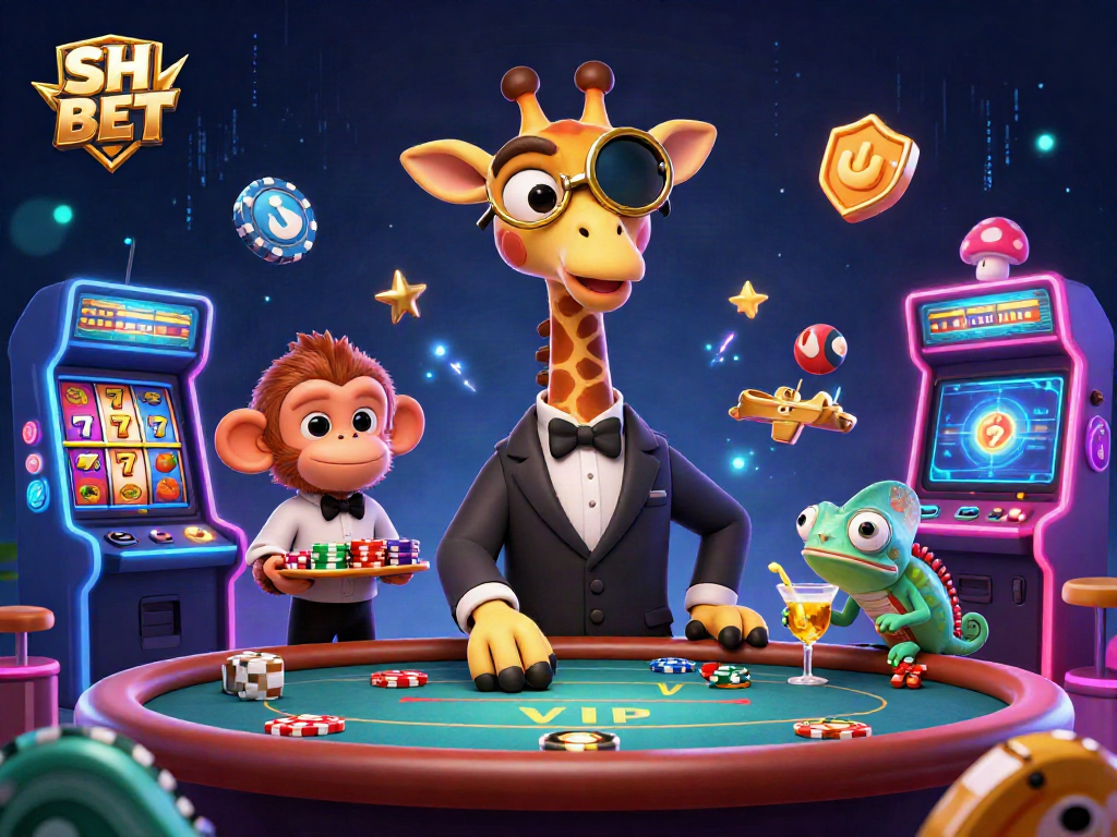 Engage with SH BET at a vibrant casino scene featuring a giraffe high-roller and dynamic slot reels.