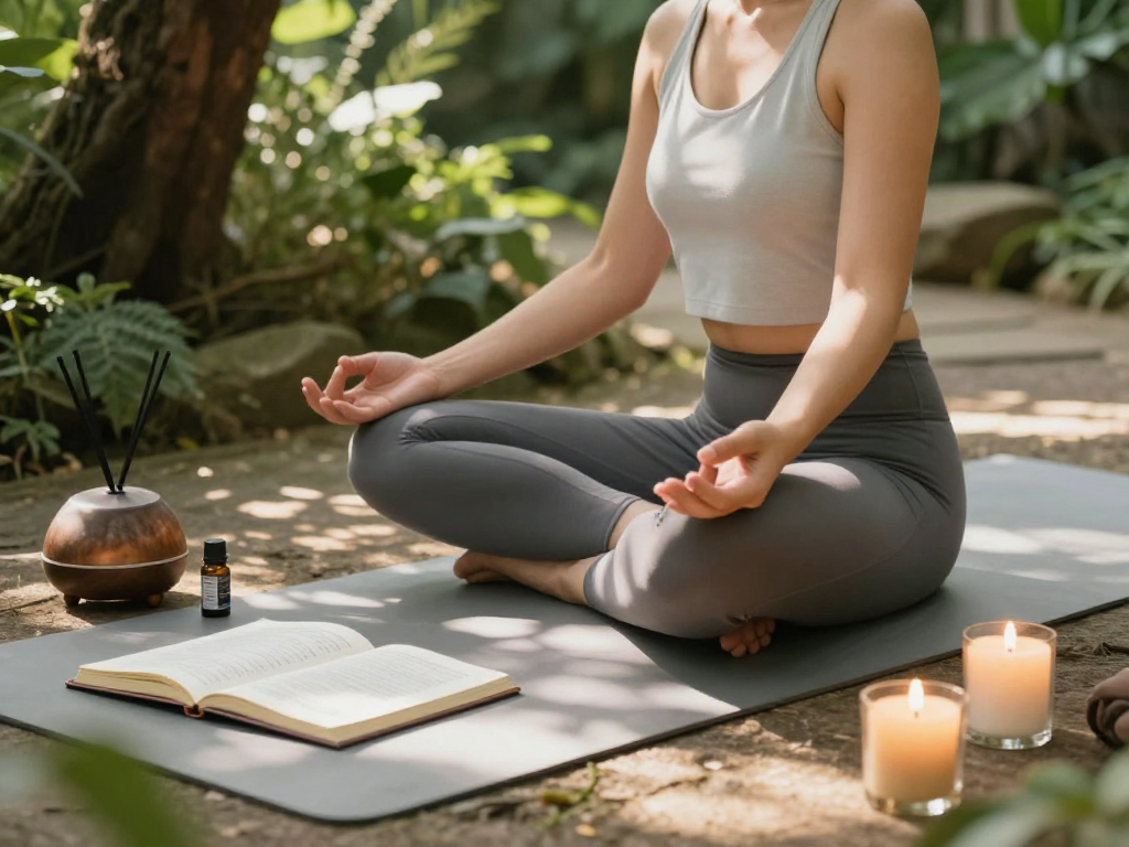 Practitioner meditating in a serene garden setting, embodying mantra88 wellness principles.