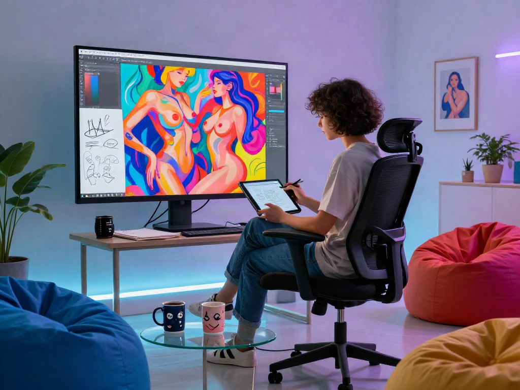 Artist creating AI porn-themed visuals in a vibrant digital art studio.