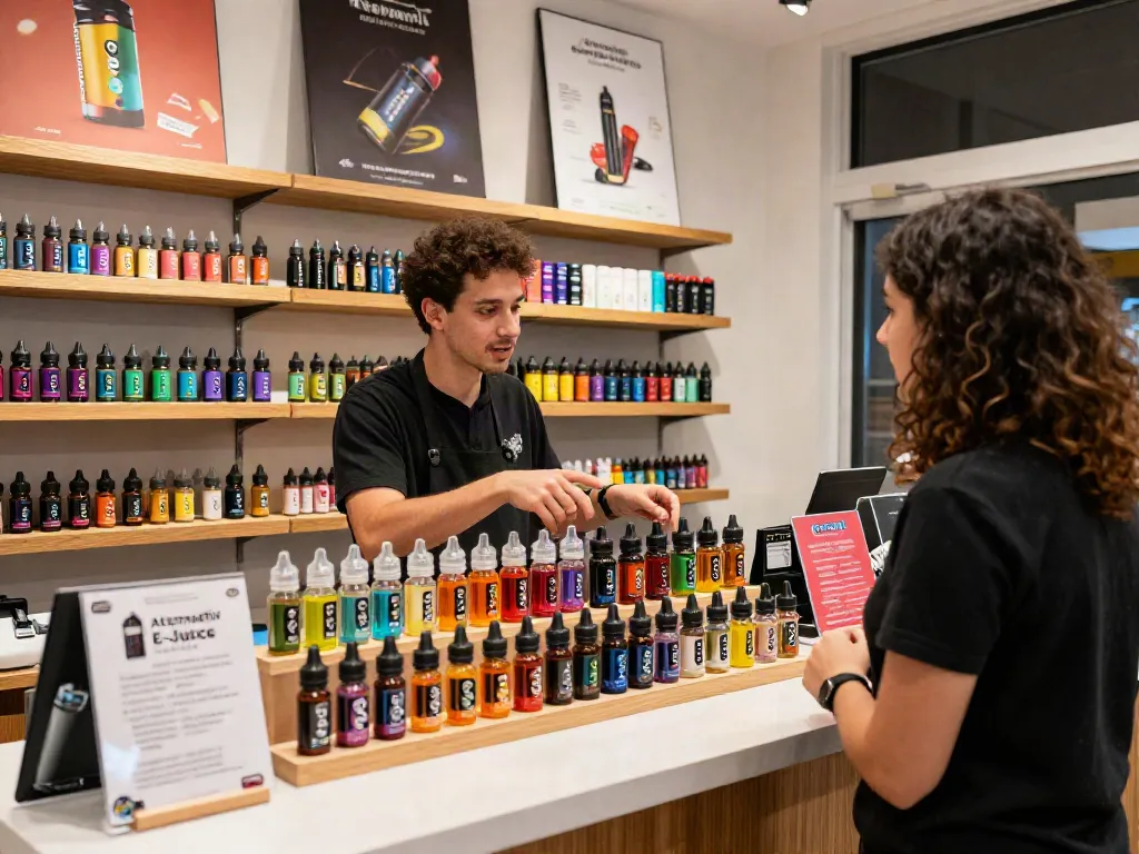 Explore a diverse selection of alternativ ejuice flavors in a modern vape shop setting.
