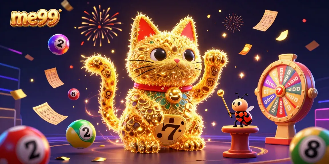 Experience thrilling fun with me99's online casino featuring a lucky cat and vibrant casino elements.