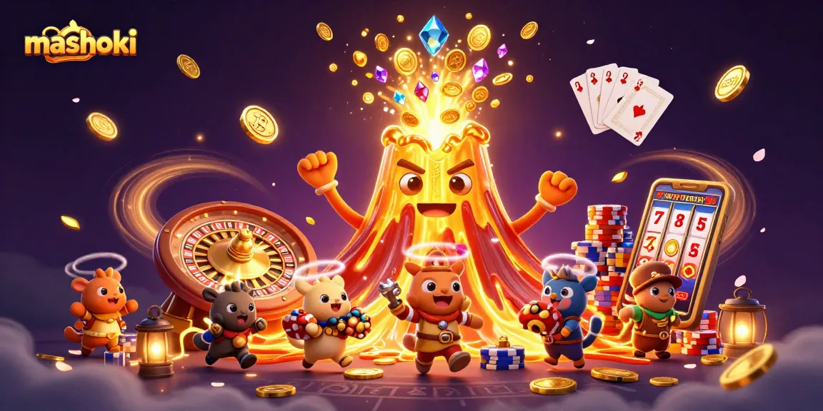 Experience the thrill of mashoki with cascading coins and a golden volcano in this vibrant casino illustration.