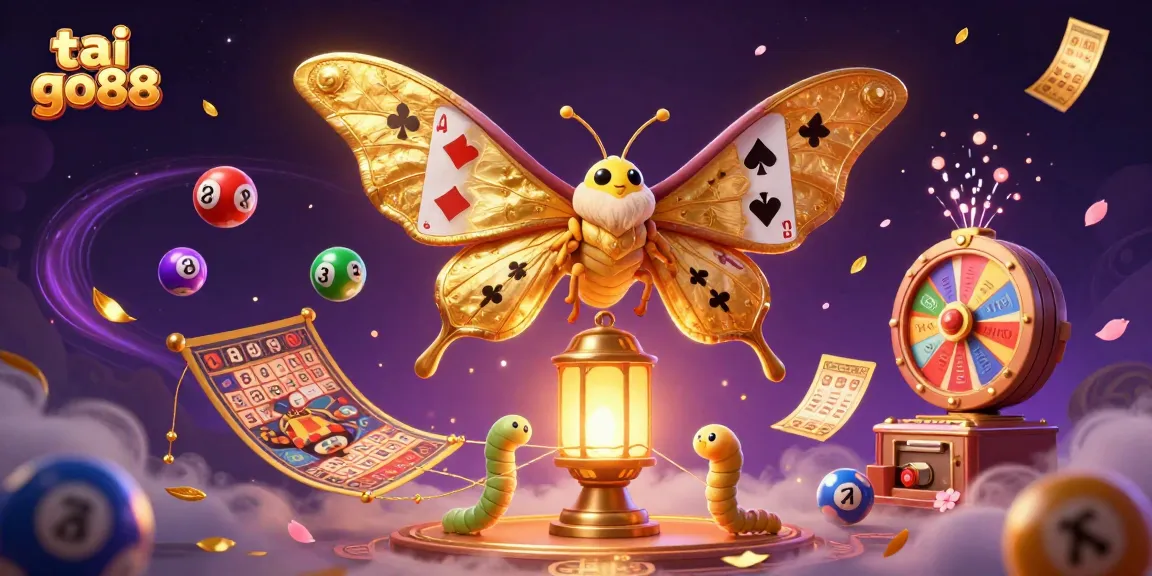 Experience tai go88 with a lively 3D casino scene featuring colorful lottery elements and an enchanting moth.