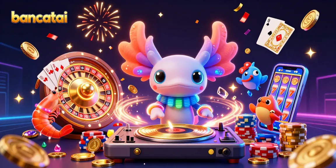 Bancatai showcases a vibrant 3D axolotl DJ with shrimp dancers, celebrating in a dynamic casino scene.