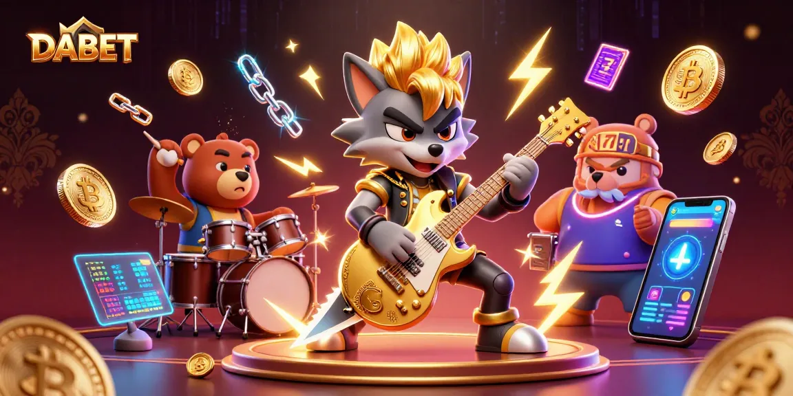 DABET presents an energetic casino scene with a rock star wolf and drummer bear amidst Bitcoin and slot machine elements
