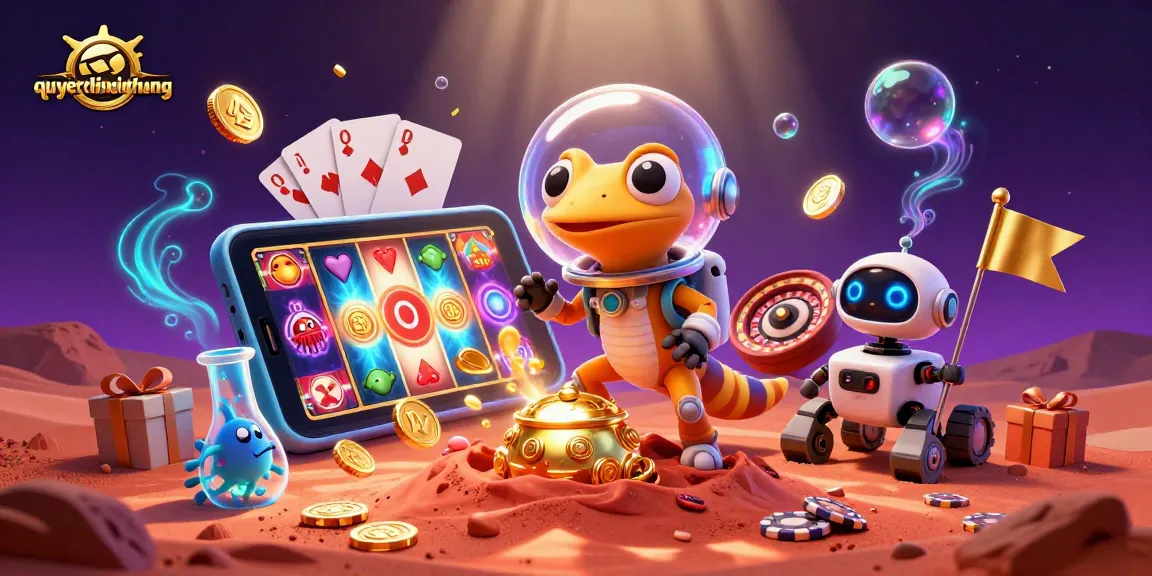 Spin to win in the vibrant world of quyetchientienthuong with a Martian gecko on an exciting casino adventure.