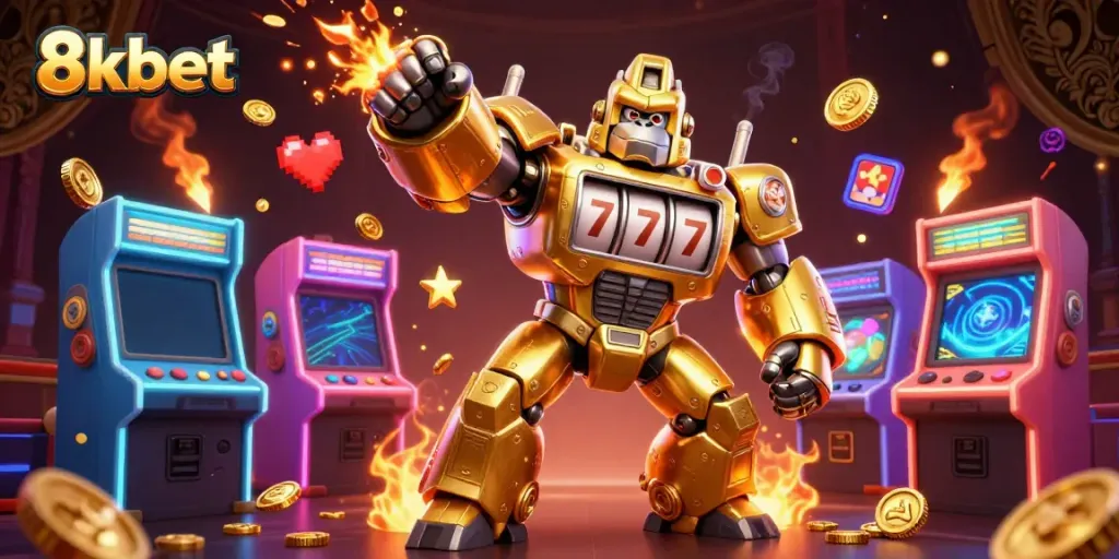 Experience thrilling wins with 8kbet's golden gorilla mech amidst vibrant game machines.