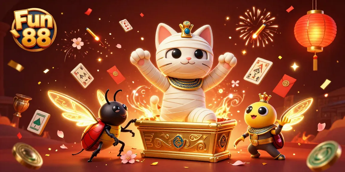 Engage in exciting gameplay with Fun 88 as a mummy cat and scarab beetle celebrate the thrill in a vibrant pyramid casino scene.