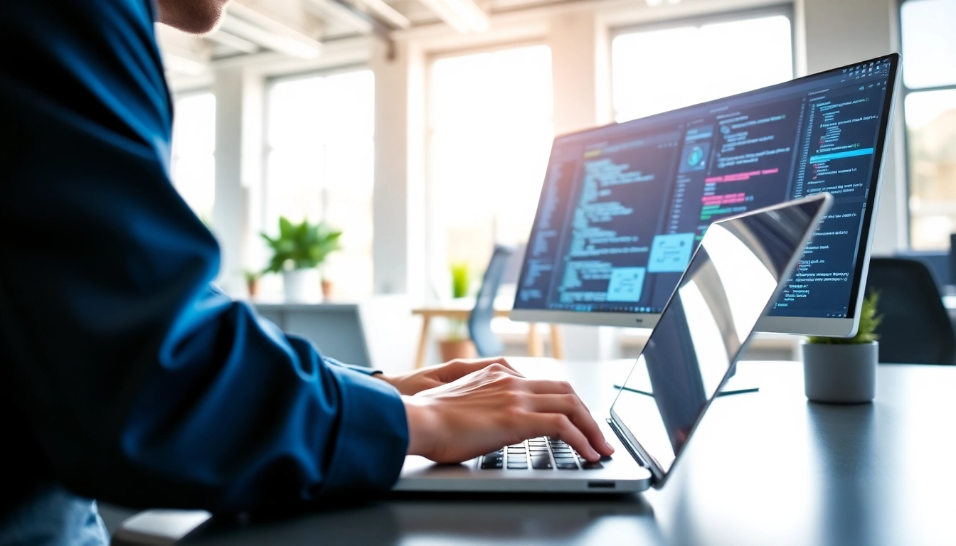 Visualize Headless Shopify development with a developer coding in a modern office environment