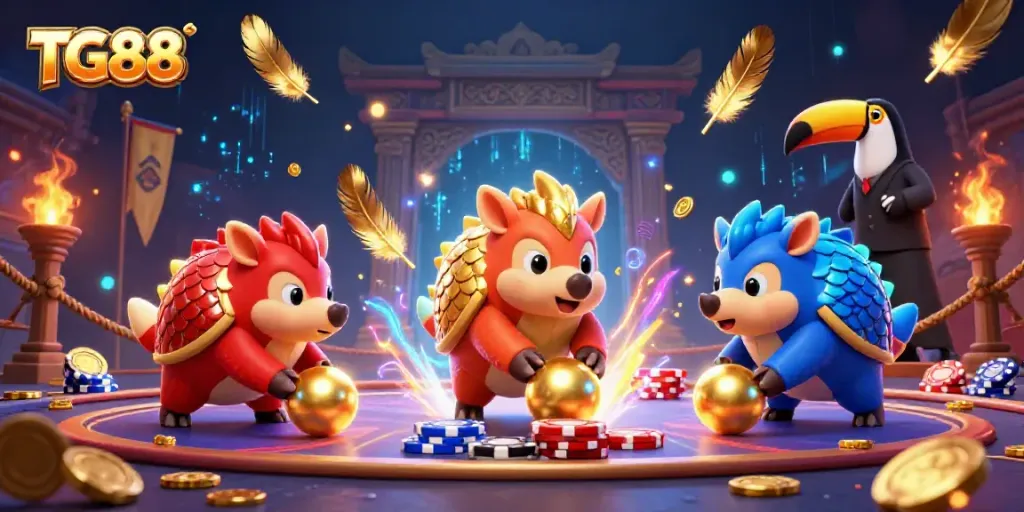 Experience thrilling gameplay at TG88 with rival pangolins in a dynamic casino scene filled with poker chips.