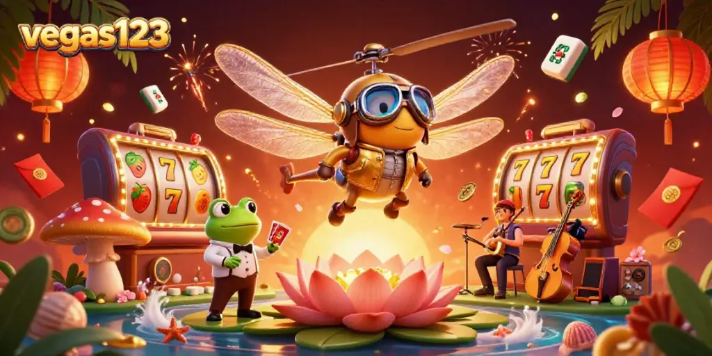 Ilustrasi kasino digital animasi yang menampilkan vegas123 dengan naga dan penjaga kasino, kartu dan kerang di sekitar.