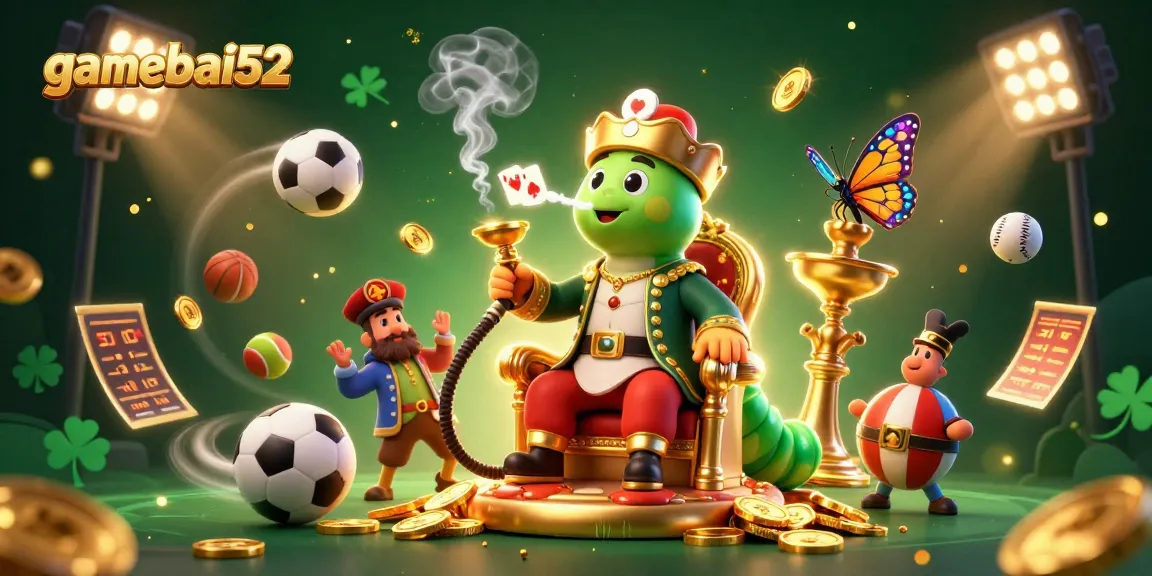 Experience thrilling moments at gamebai52 with a vibrant illustration of a caterpillar hookah-master amidst casino excitement.