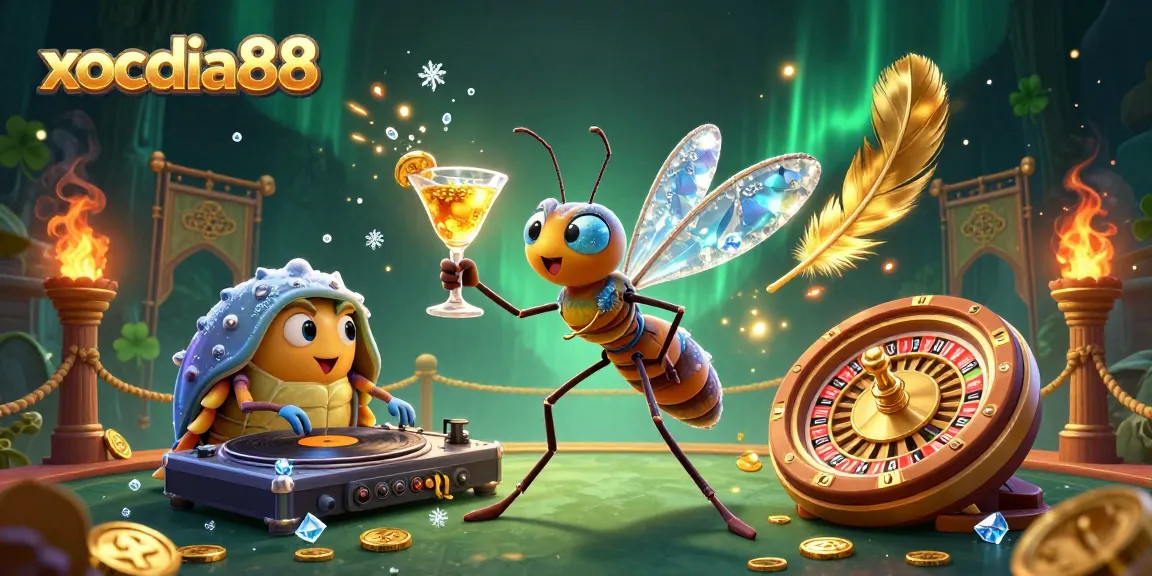 Xocdia88 showcases a vibrant casino scene with a unique frozen-in-amber mosquito mascot and elaborate gaming elements.